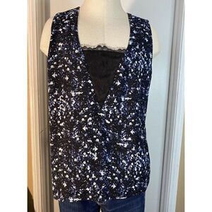 NWT Metaphor Women's Large L Black With White/ Blue Spotted Sleeveless Slit Back
